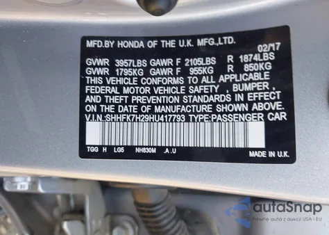 2017 Honda Civic Lx from USA, damaged, VIN SHHFK7H29HU417793